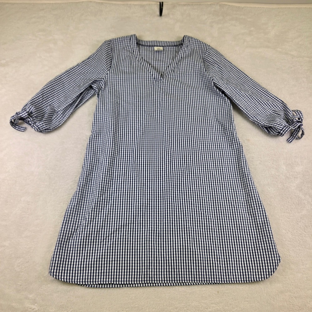 Wrapper Womens Navy Blue Gingham Check V-Neck Tie Sleeve Shift Dress Size M